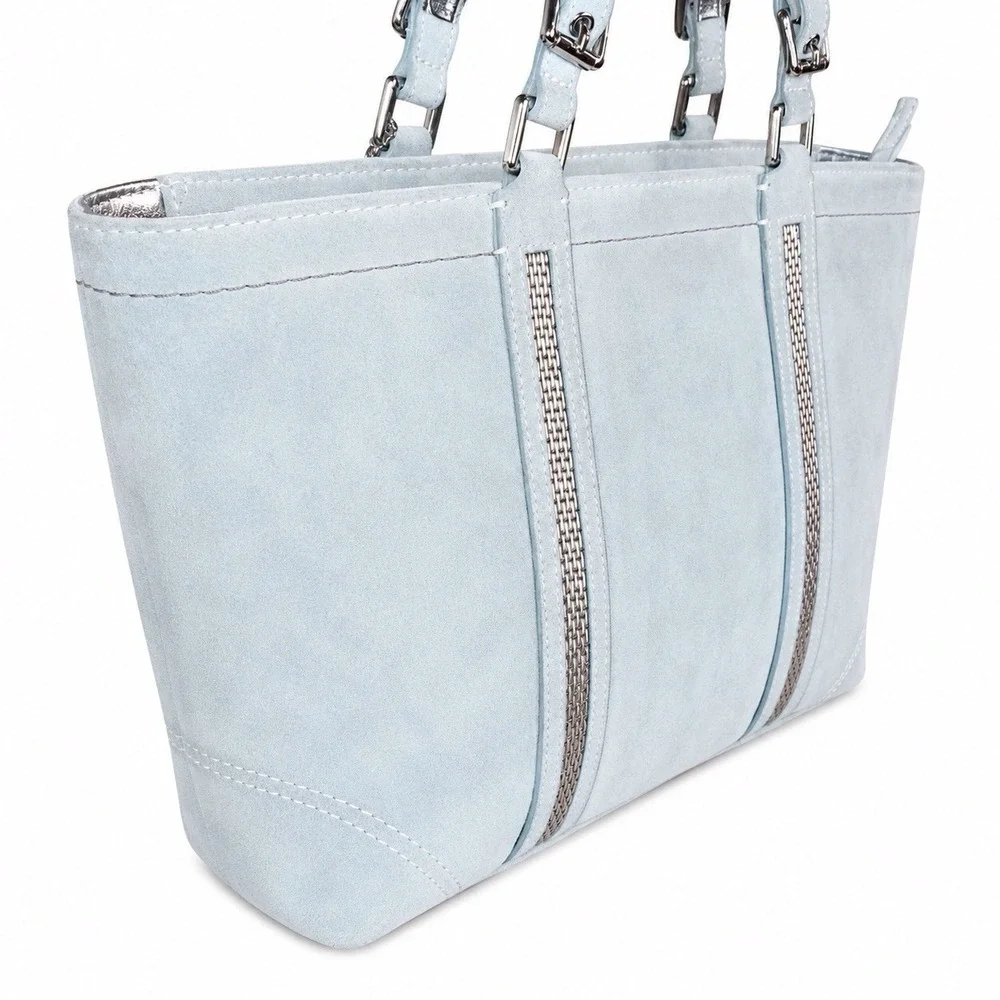 Coach 2005 Leatherware Metallic Bead‎ Suede Gallery Tote Blue Silver J05J